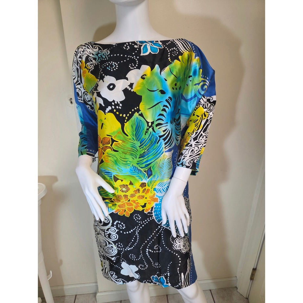 Y2K Cache 100% Silk Tropical Floral Print Asymmetrical Shift Dress Blue  Small